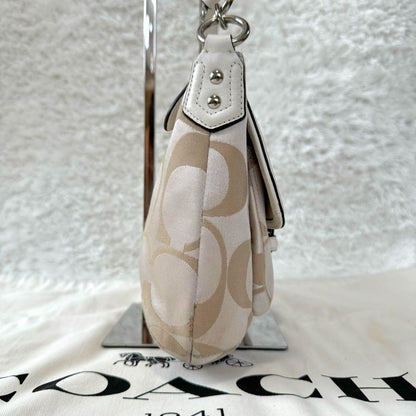COACH Hand Shoulder Bag Tote Purse 2way Signature Leather Beige White Silver