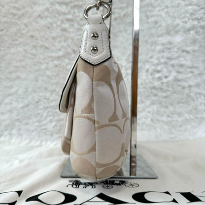 COACH Hand Shoulder Bag Tote Purse 2way Signature Leather Beige White Silver