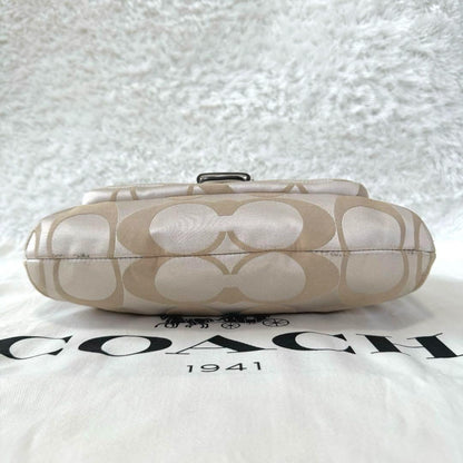 COACH Hand Shoulder Bag Tote Purse 2way Signature Leather Beige White Silver