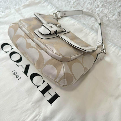 COACH Hand Shoulder Bag Tote Purse 2way Signature Leather Beige White Silver