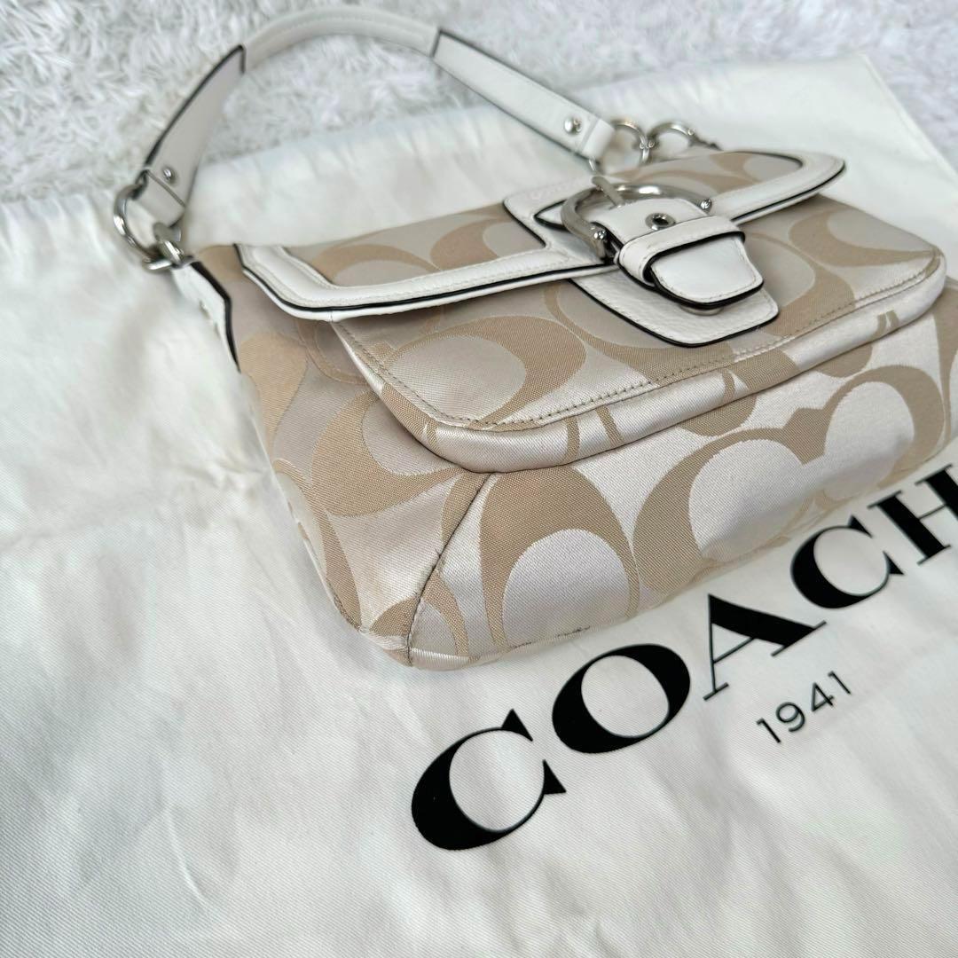 COACH Hand Shoulder Bag Tote Purse 2way Signature Leather Beige White Silver