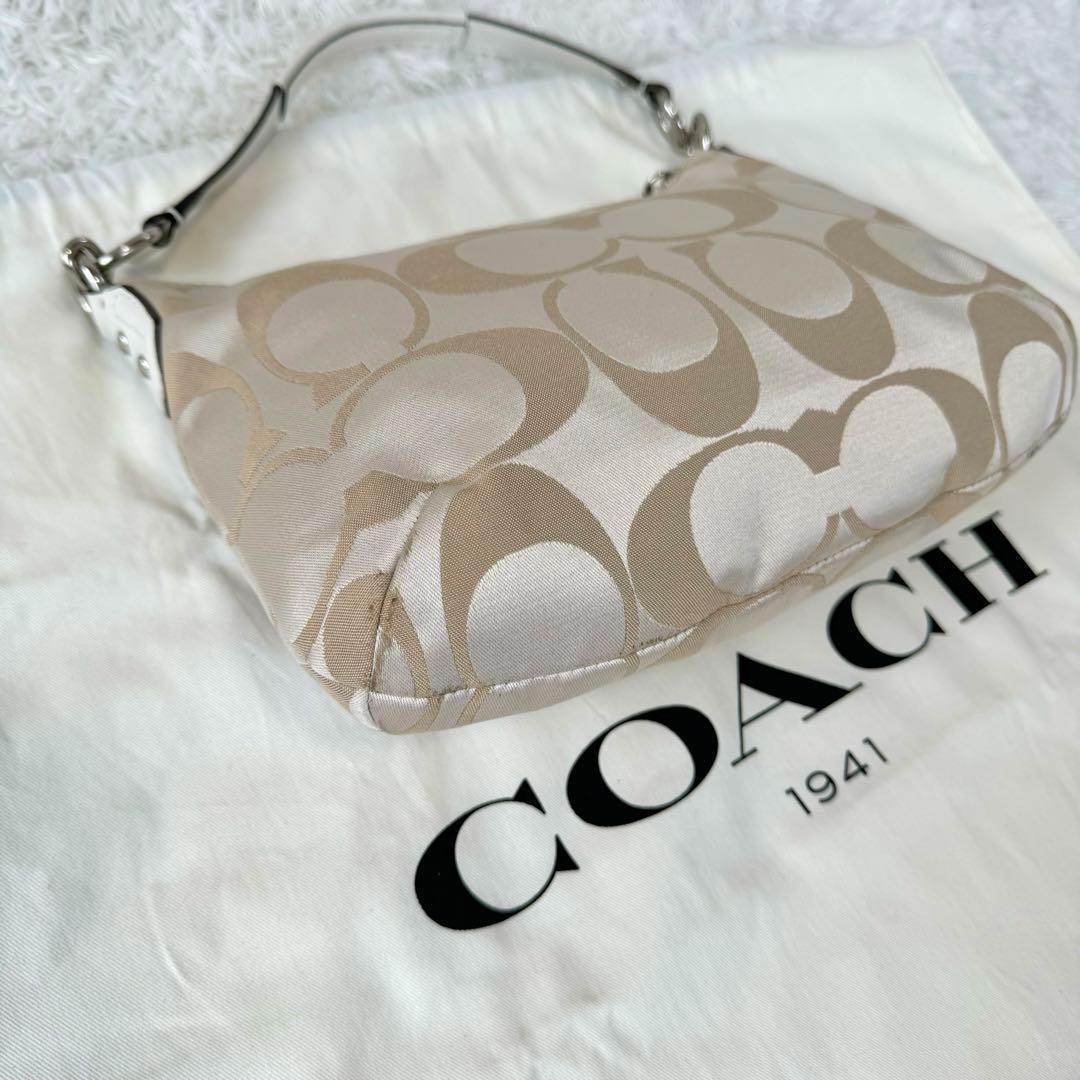 COACH Hand Shoulder Bag Tote Purse 2way Signature Leather Beige White Silver
