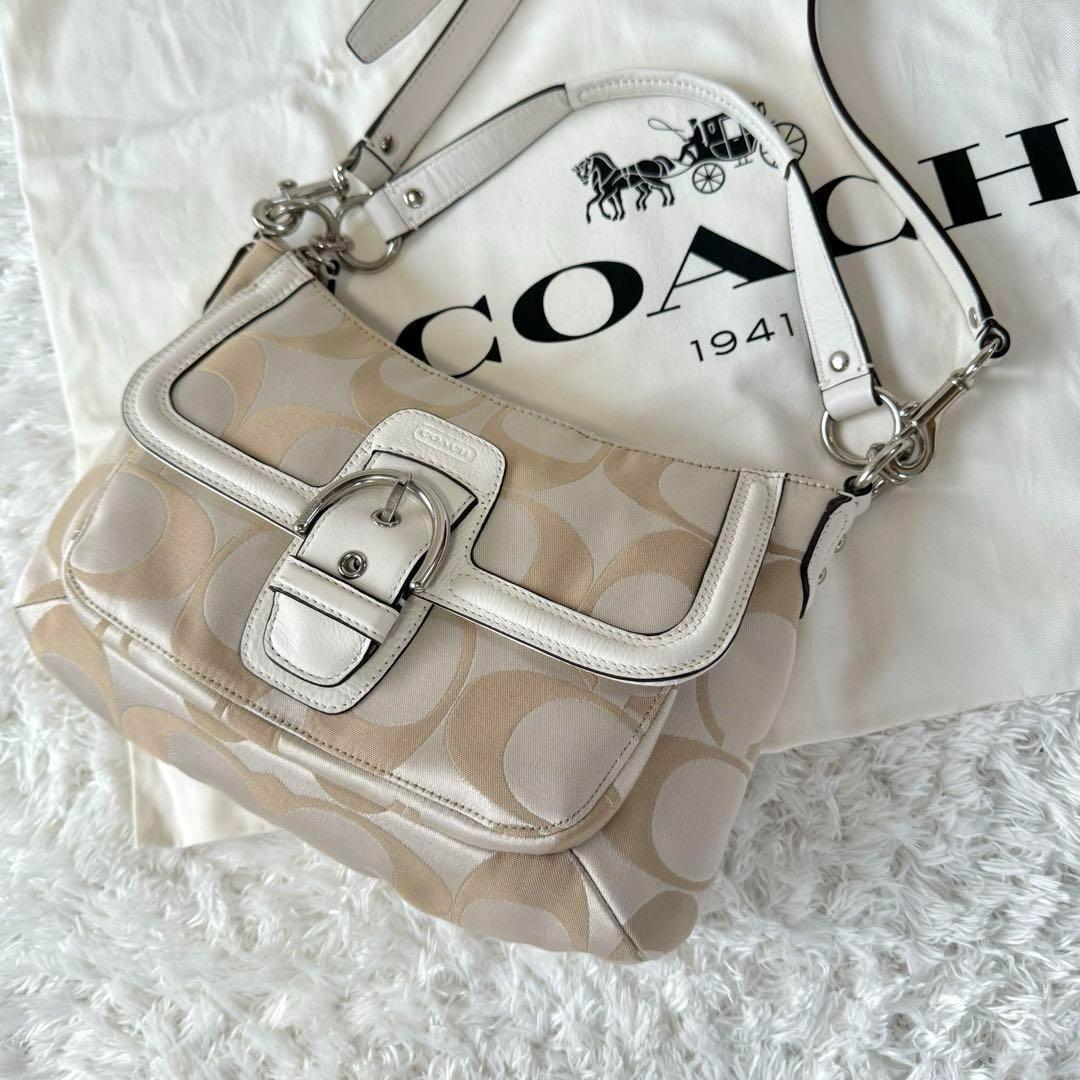 COACH Hand Shoulder Bag Tote Purse 2way Signature Leather Beige White Silver