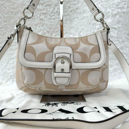COACH Hand Shoulder Bag Tote Purse 2way Signature Leather Beige White Silver