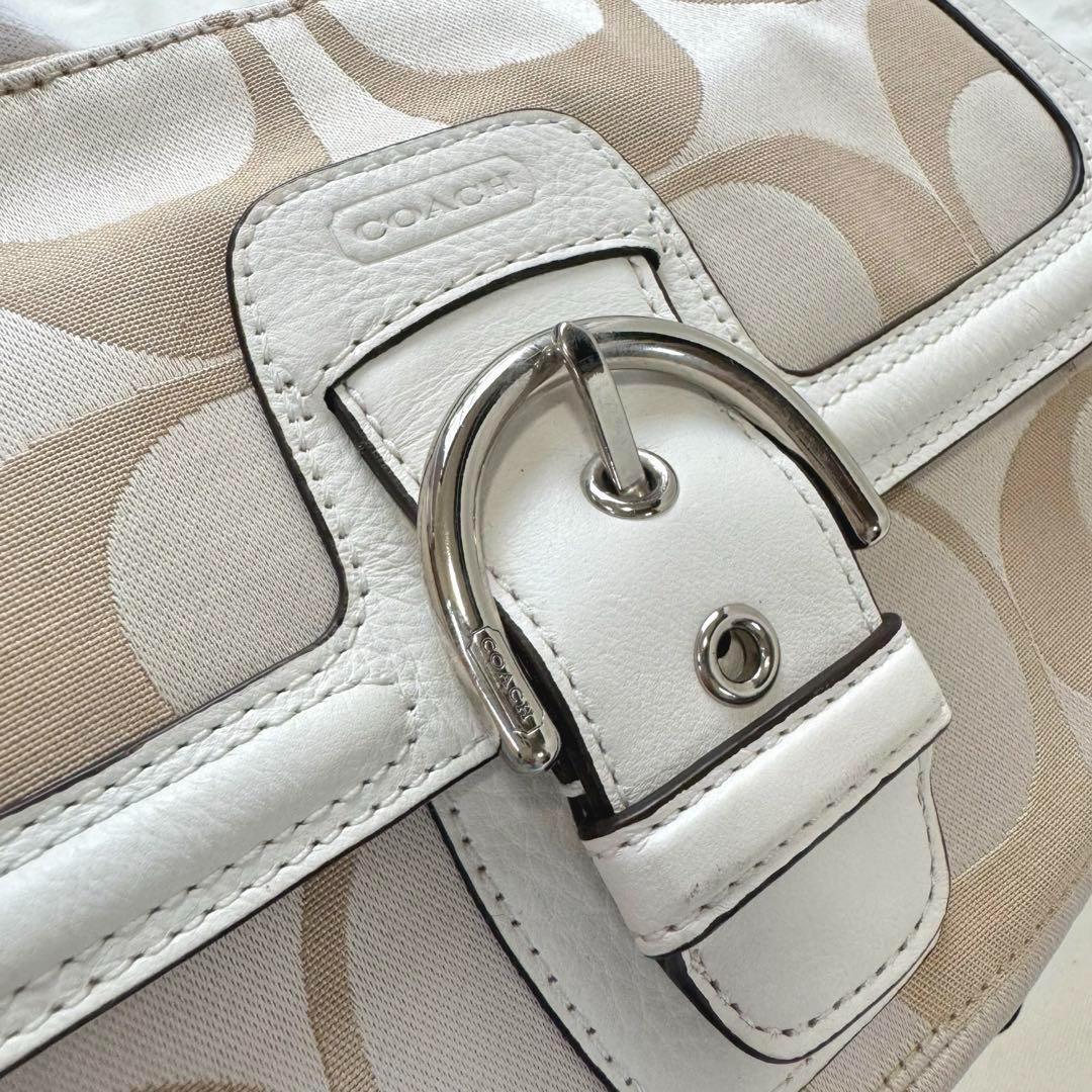 COACH Hand Shoulder Bag Tote Purse 2way Signature Leather Beige White Silver