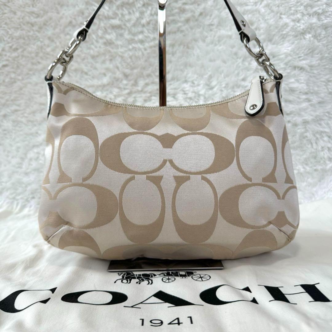 COACH Hand Shoulder Bag Tote Purse 2way Signature Leather Beige White Silver