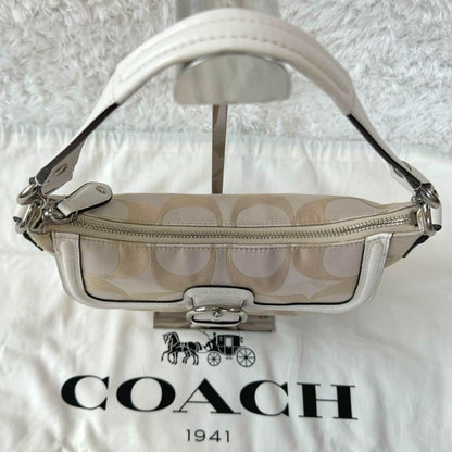 COACH Hand Shoulder Bag Tote Purse 2way Signature Leather Beige White Silver