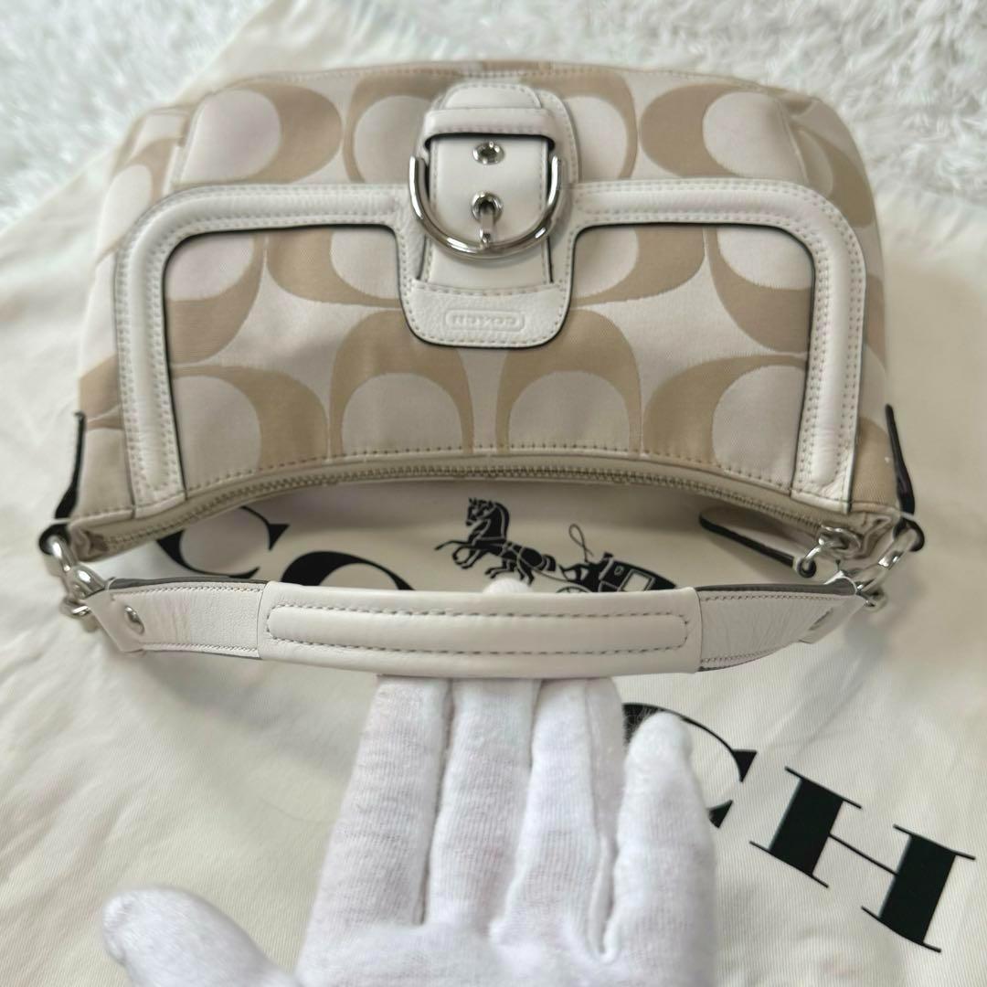 COACH Hand Shoulder Bag Tote Purse 2way Signature Leather Beige White Silver