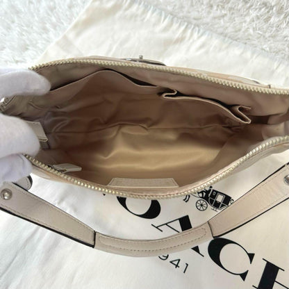 COACH Hand Shoulder Bag Tote Purse 2way Signature Leather Beige White Silver