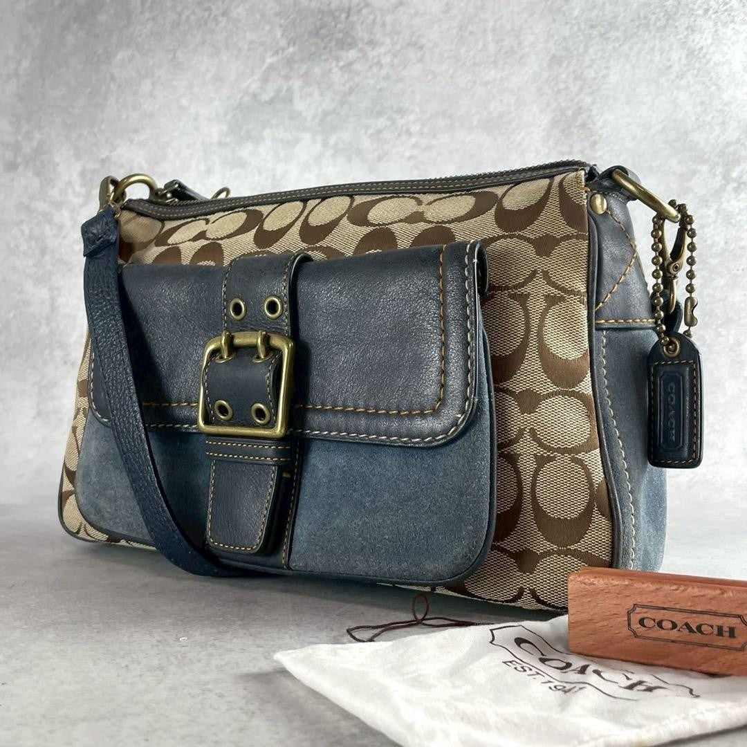 COACH Shoulder Bag Purse 2way Signature Canvas Suede Leather Brown Blue Navy