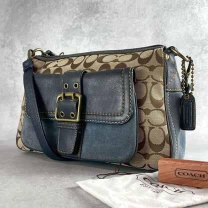 COACH Shoulder Bag Purse 2way Signature Canvas Suede Leather Brown Blue Navy
