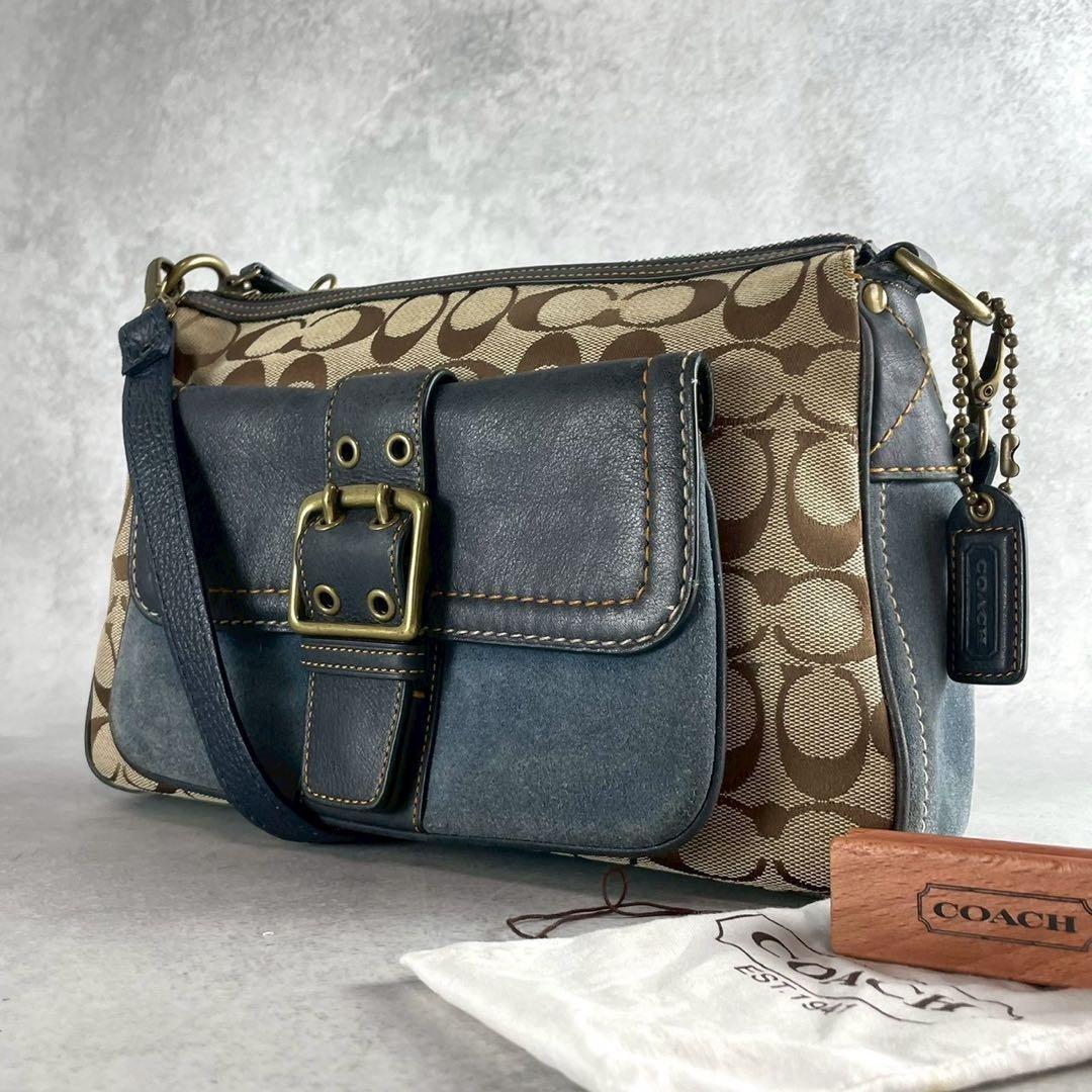 COACH Shoulder Bag Purse 2way Signature Canvas Suede Leather Brown Blue Navy