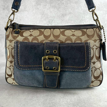 COACH Shoulder Bag Purse 2way Signature Canvas Suede Leather Brown Blue Navy
