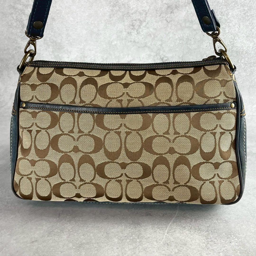 COACH Shoulder Bag Purse 2way Signature Canvas Suede Leather Brown Blue Navy