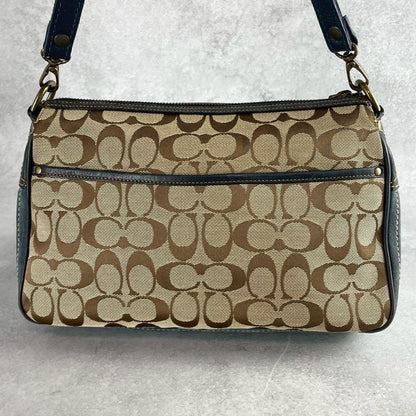 COACH Shoulder Bag Purse 2way Signature Canvas Suede Leather Brown Blue Navy