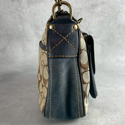 COACH Shoulder Bag Purse 2way Signature Canvas Suede Leather Brown Blue Navy