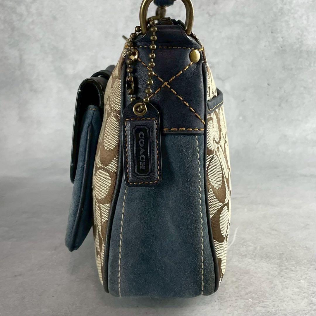 COACH Shoulder Bag Purse 2way Signature Canvas Suede Leather Brown Blue Navy