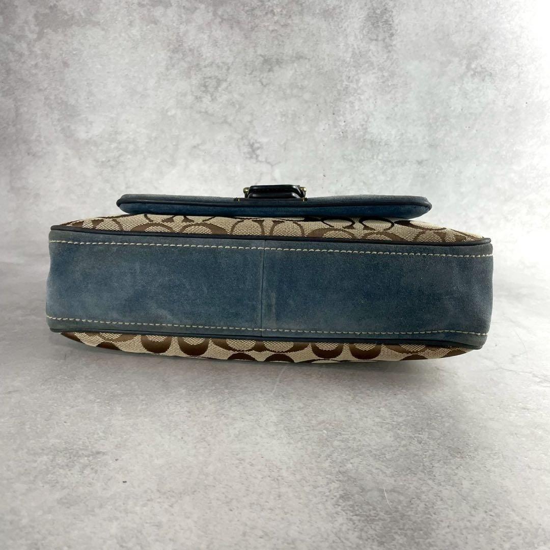 COACH Shoulder Bag Purse 2way Signature Canvas Suede Leather Brown Blue Navy
