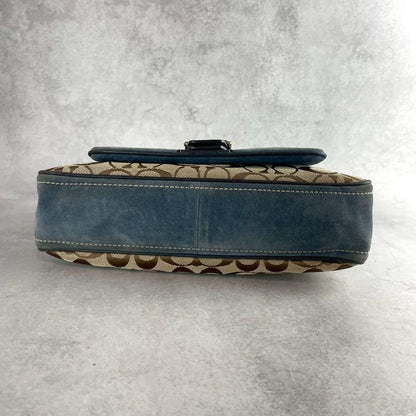 COACH Shoulder Bag Purse 2way Signature Canvas Suede Leather Brown Blue Navy
