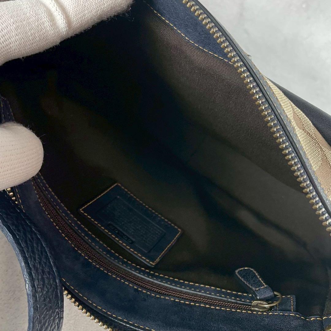 COACH Shoulder Bag Purse 2way Signature Canvas Suede Leather Brown Blue Navy