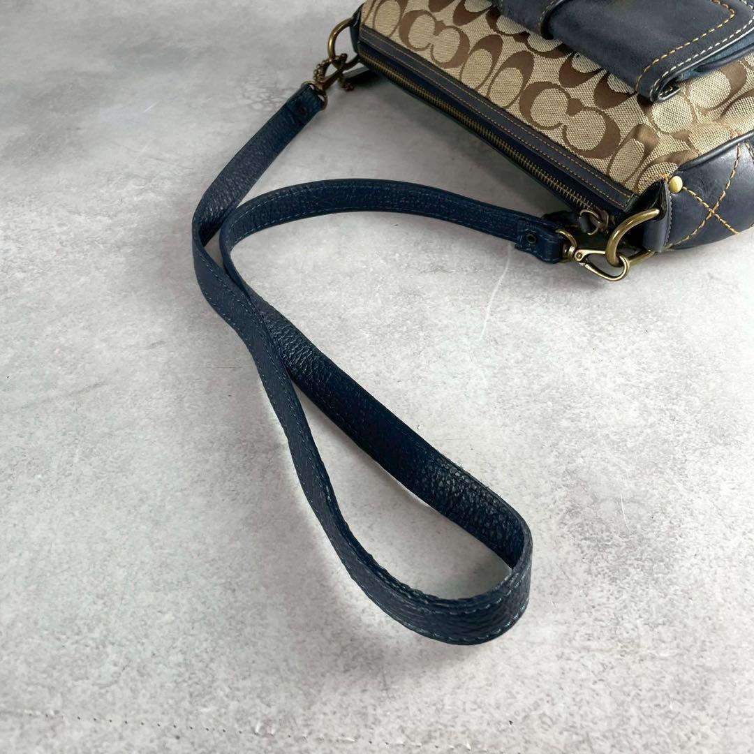 COACH Shoulder Bag Purse 2way Signature Canvas Suede Leather Brown Blue Navy