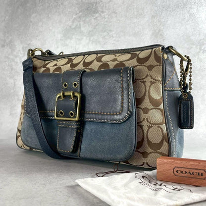 COACH Shoulder Bag Purse 2way Signature Canvas Suede Leather Brown Blue Navy