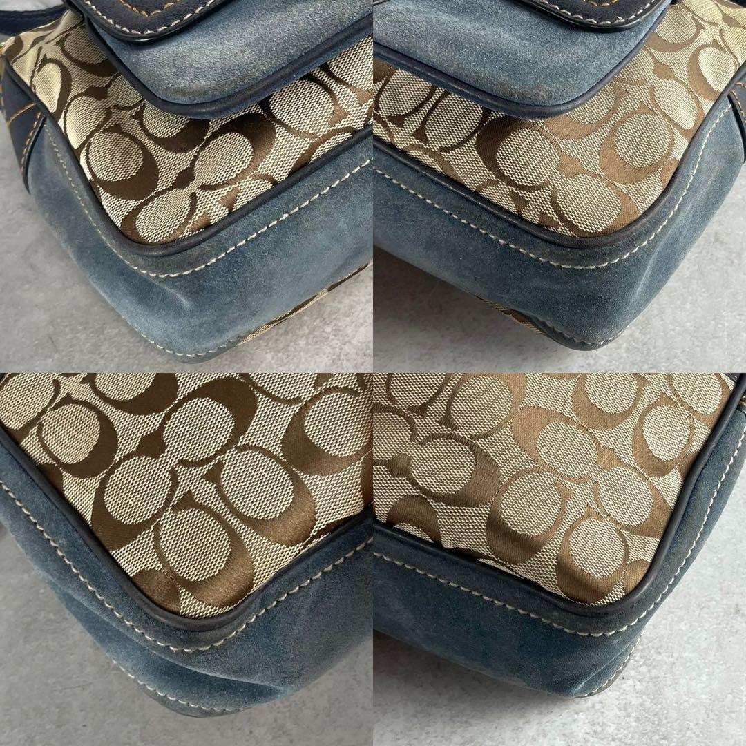 COACH Shoulder Bag Purse 2way Signature Canvas Suede Leather Brown Blue Navy