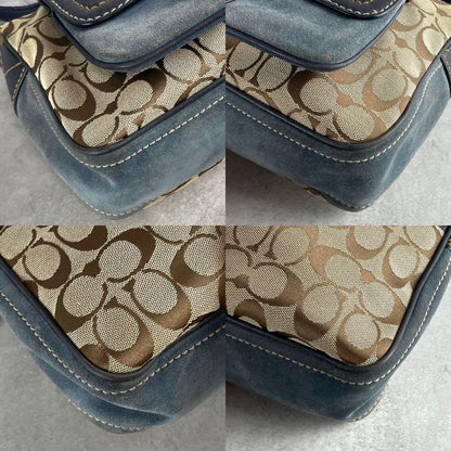 COACH Shoulder Bag Purse 2way Signature Canvas Suede Leather Brown Blue Navy