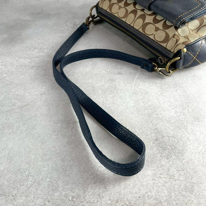 COACH Shoulder Bag Purse 2way Signature Canvas Suede Leather Brown Blue Navy