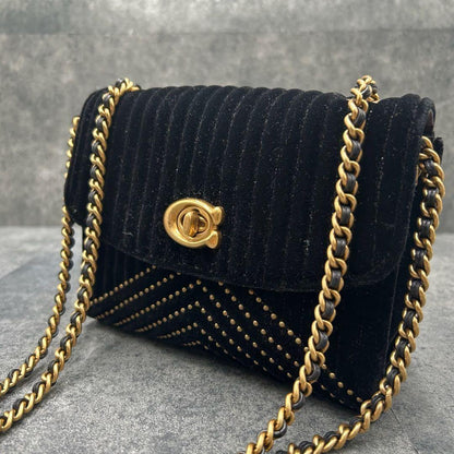 COACH Shoulder Bag Purse Turn Lock 31034 Chain Suede Black Authentic