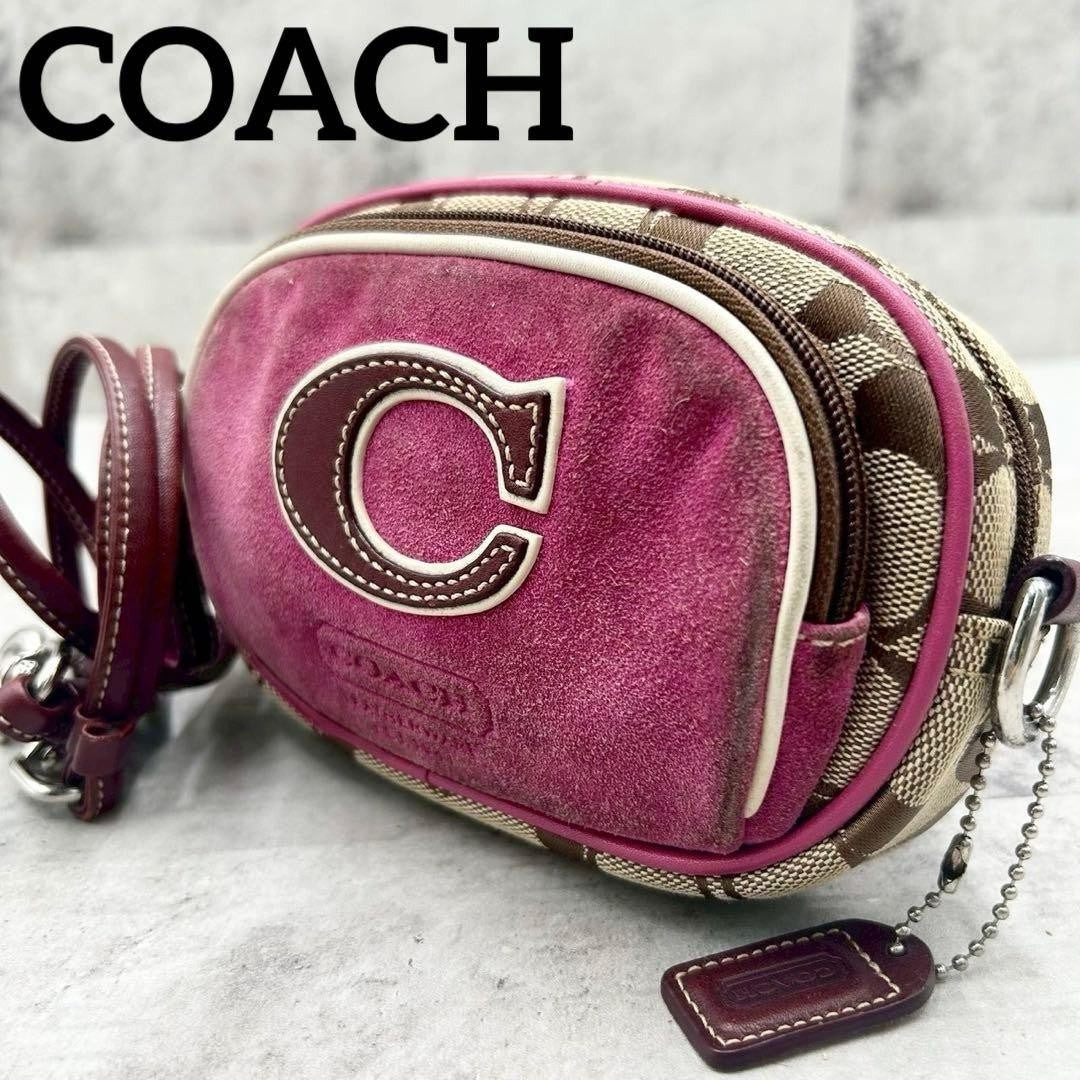 COACH Shoulder Camera Bag Purse Signature 4099 Beige Purple Authentic