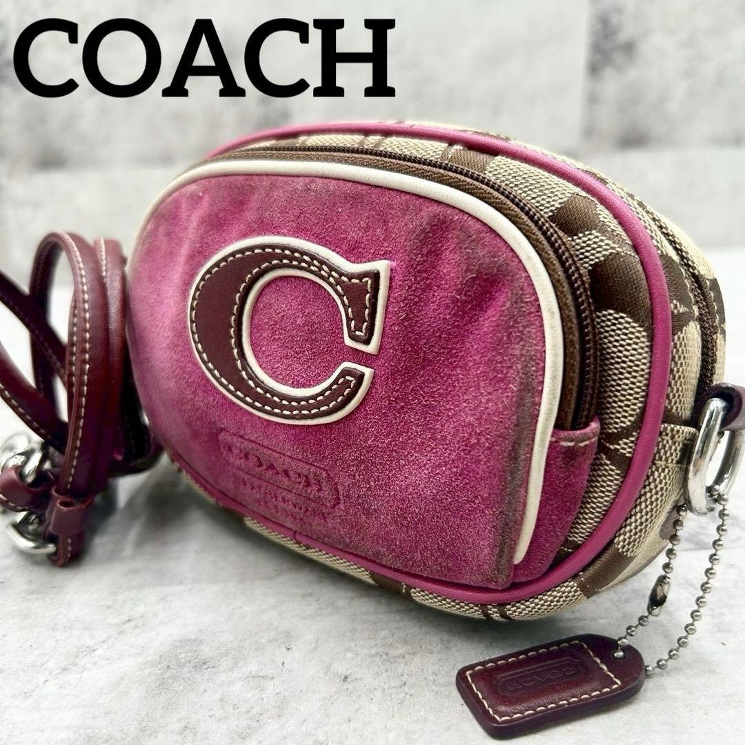 COACH Shoulder Camera Bag Purse Signature 4099 Beige Purple Authentic