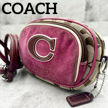 COACH Shoulder Camera Bag Purse Signature 4099 Beige Purple Authentic