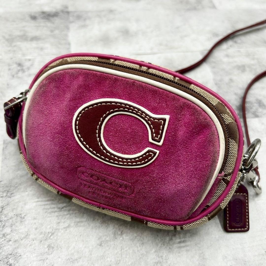 COACH Shoulder Camera Bag Purse Signature 4099 Beige Purple Authentic