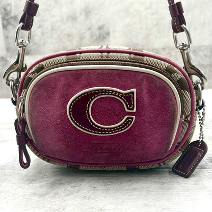 COACH Shoulder Camera Bag Purse Signature 4099 Beige Purple Authentic
