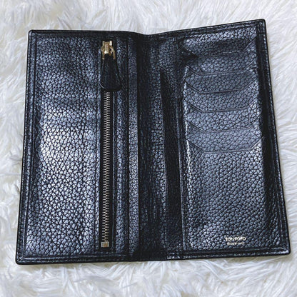 TOM FORD Flap Wallet Long Purse Logo Leather Black Authentic