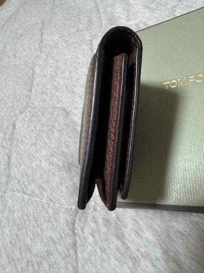 TOM FORD Card Holder Wallet Case Flap Purse Compact Leather Brown Authentic