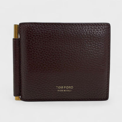 TOM FORD Money Clip Bi-fold Wallet Flap Compact Purse Leather Brown Authentic