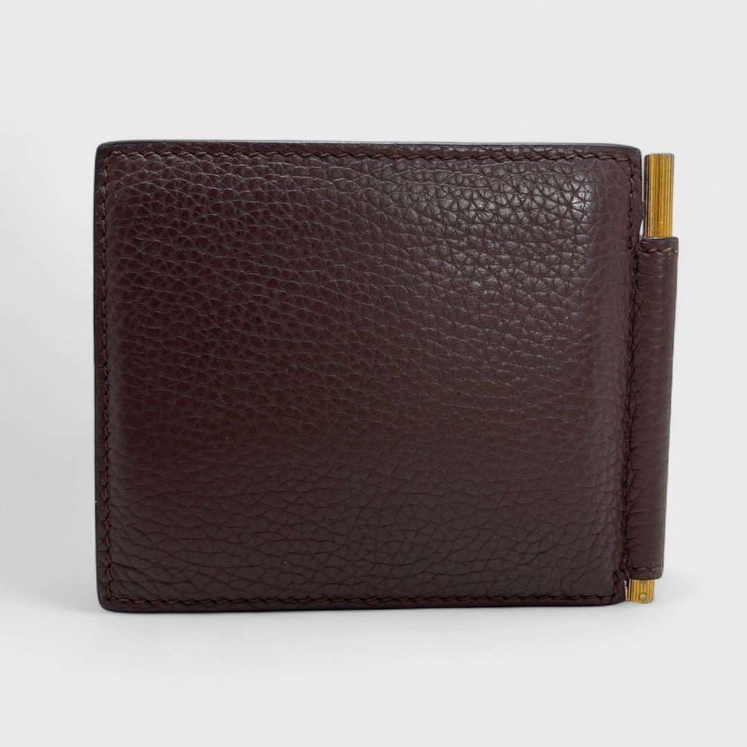 TOM FORD Money Clip Bi-fold Wallet Flap Compact Purse Leather Brown Authentic