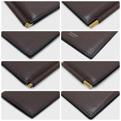 TOM FORD Money Clip Bi-fold Wallet Flap Compact Purse Leather Brown Authentic