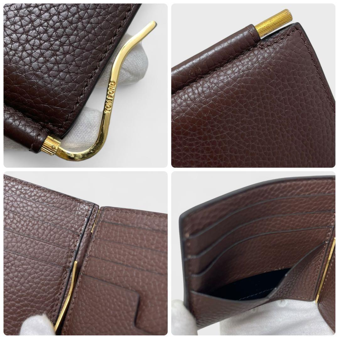 TOM FORD Money Clip Bi-fold Wallet Flap Compact Purse Leather Brown Authentic