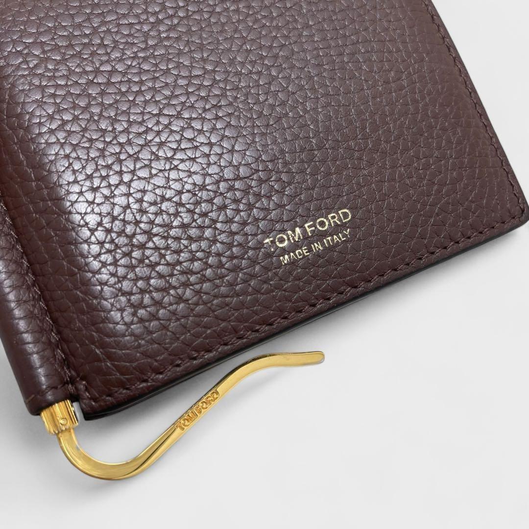 TOM FORD Money Clip Bi-fold Wallet Flap Compact Purse Leather Brown Authentic
