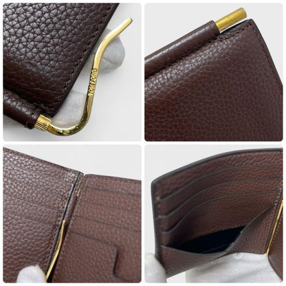 TOM FORD Money Clip Bi-fold Wallet Flap Compact Purse Leather Brown Authentic