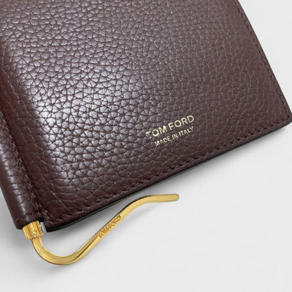 TOM FORD Money Clip Bi-fold Wallet Flap Compact Purse Leather Brown Authentic