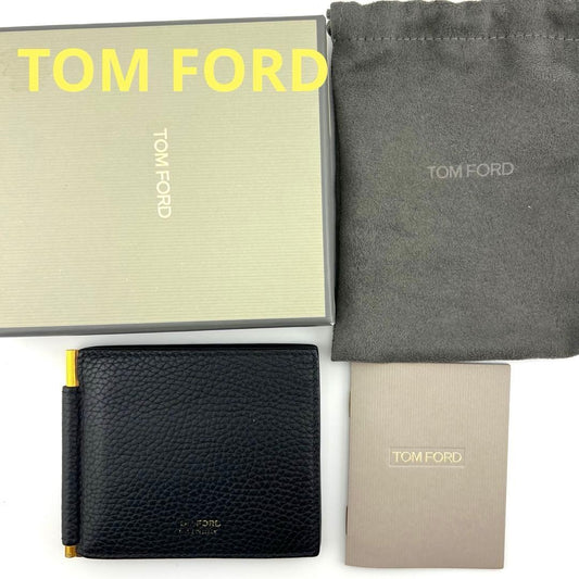 TOM FORD Money Clip Bi-fold Wallet Flap Compact Purse Leather Black Authentic
