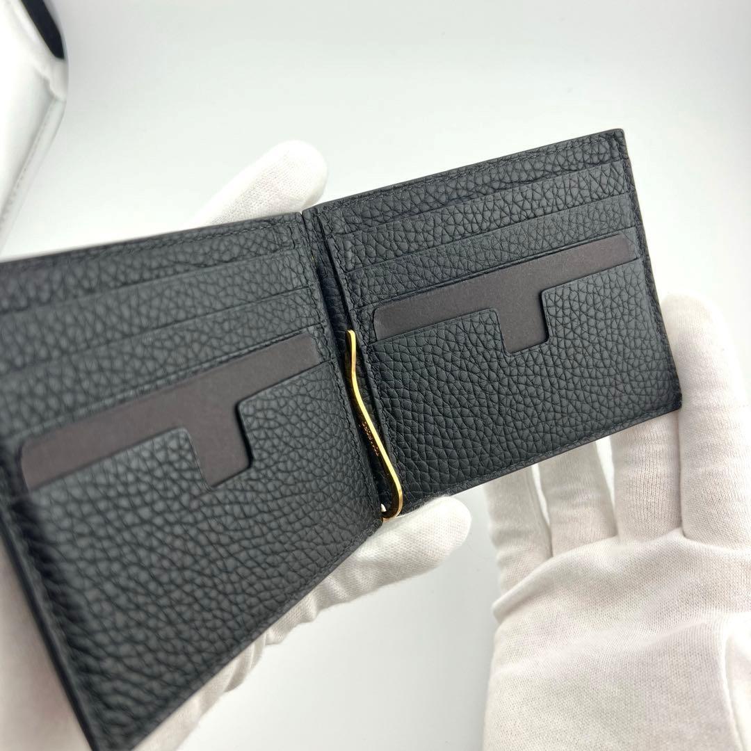 TOM FORD Money Clip Bi-fold Wallet Flap Compact Purse Leather Black Authentic