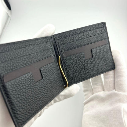 TOM FORD Money Clip Bi-fold Wallet Flap Compact Purse Leather Black Authentic