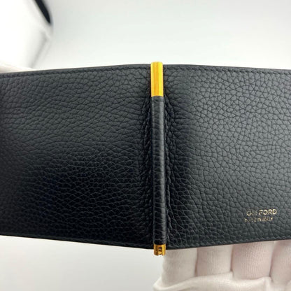 TOM FORD Money Clip Bi-fold Wallet Flap Compact Purse Leather Black Authentic