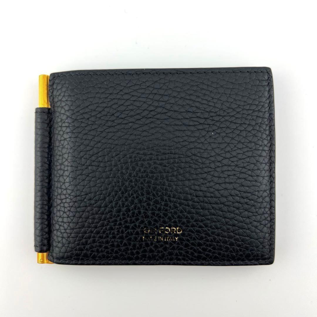 TOM FORD Money Clip Bi-fold Wallet Flap Compact Purse Leather Black Authentic