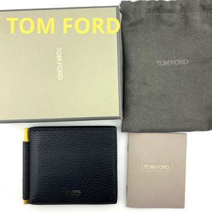 TOM FORD Money Clip Bi-fold Wallet Flap Compact Purse Leather Black Authentic